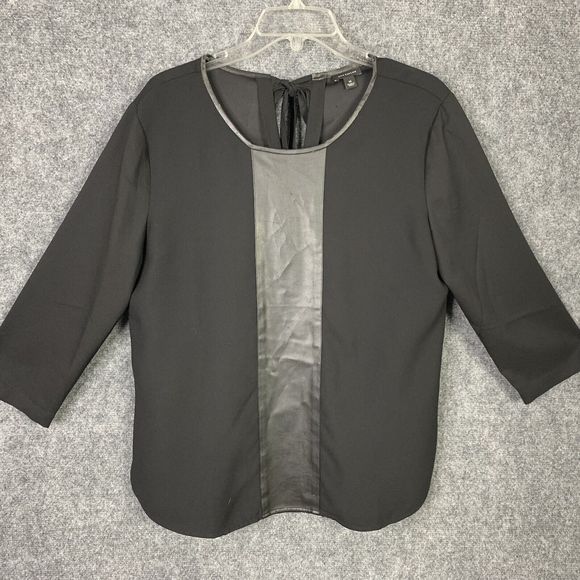 Ann Taylor Black Top 3/4 Sleeve Front Leather Panel Women M Keyhole & Tie Back - Picture 1 of 10